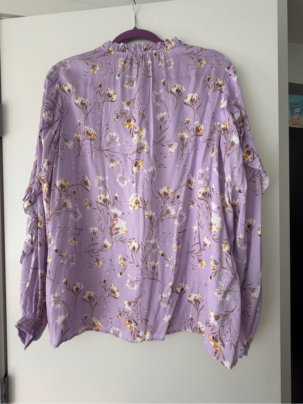Belldini Lavender Floral Button-Front Ruffle Blouse - Picture 2 of 5